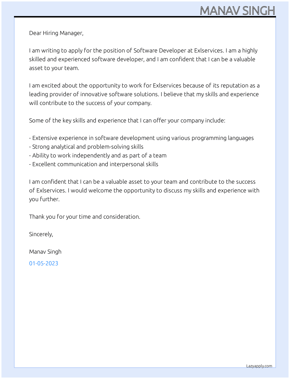 Software developer At Exlservices Cover Letter