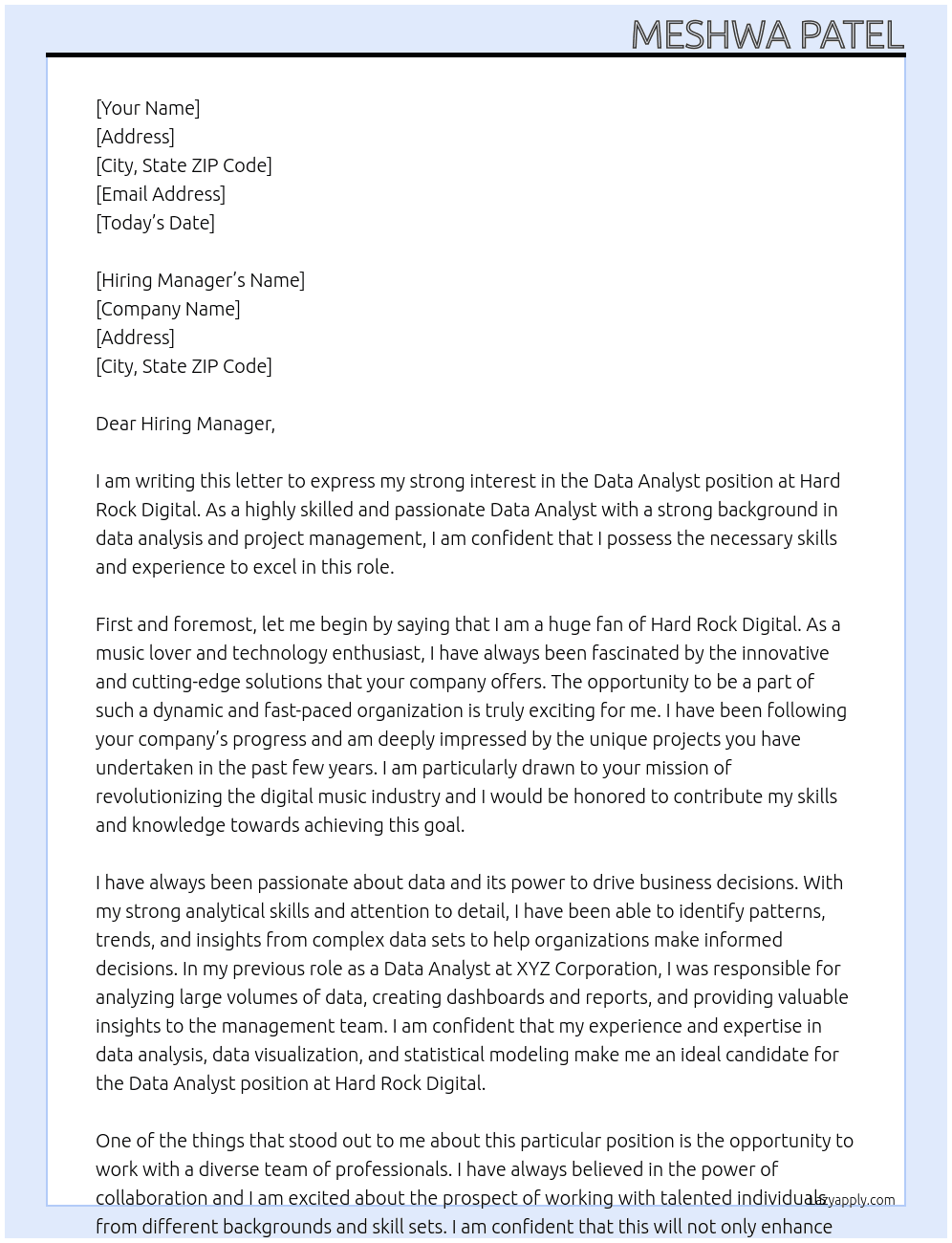 Data Analyst At Hard Rock Digital Cover Letter