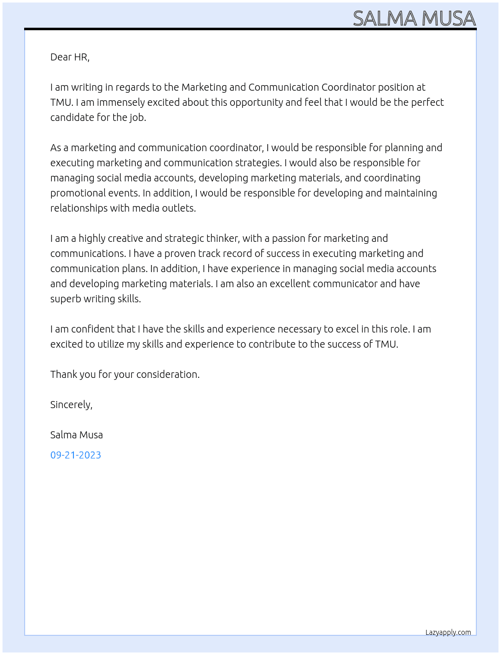 Marketing and Communication Coordinator, At TMU Cover Letter
