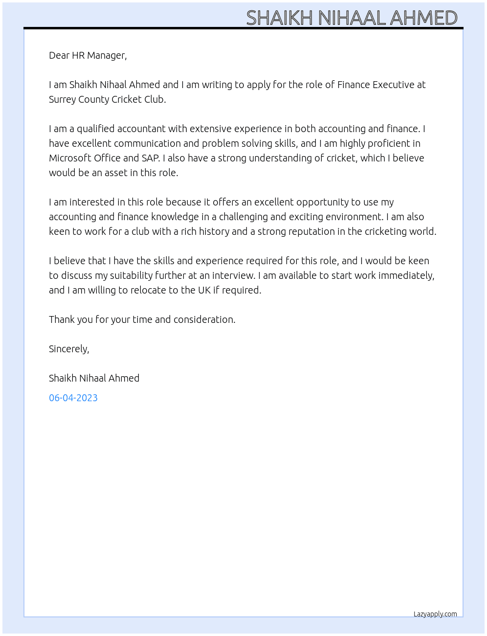 Finance executive  At Surrey County cricket club  Cover Letter