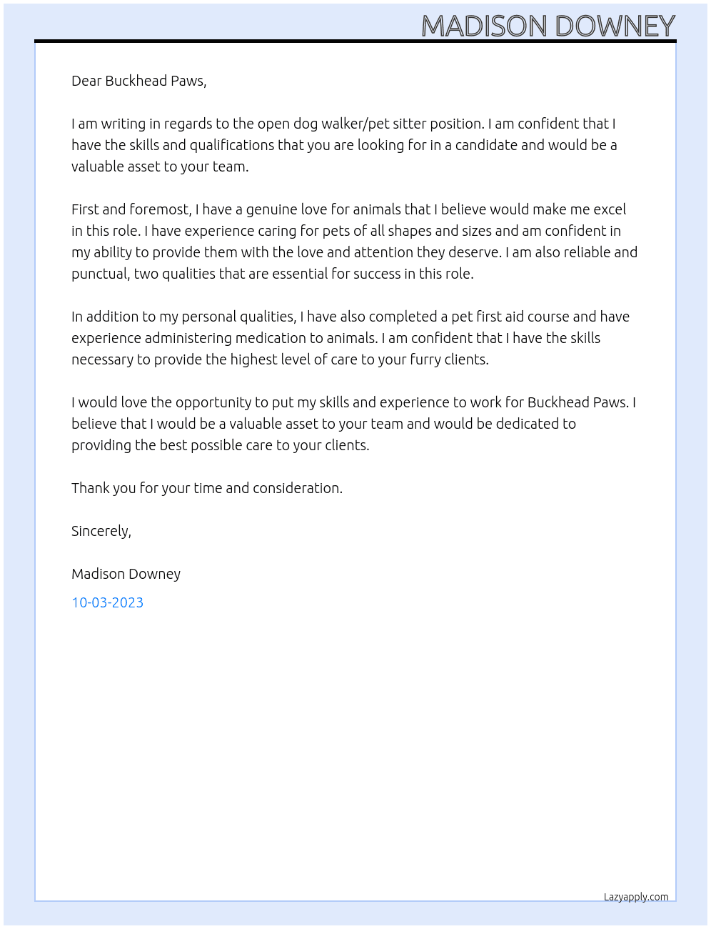 Dog walker/ Pet sitter At Buckhead Paws Cover Letter