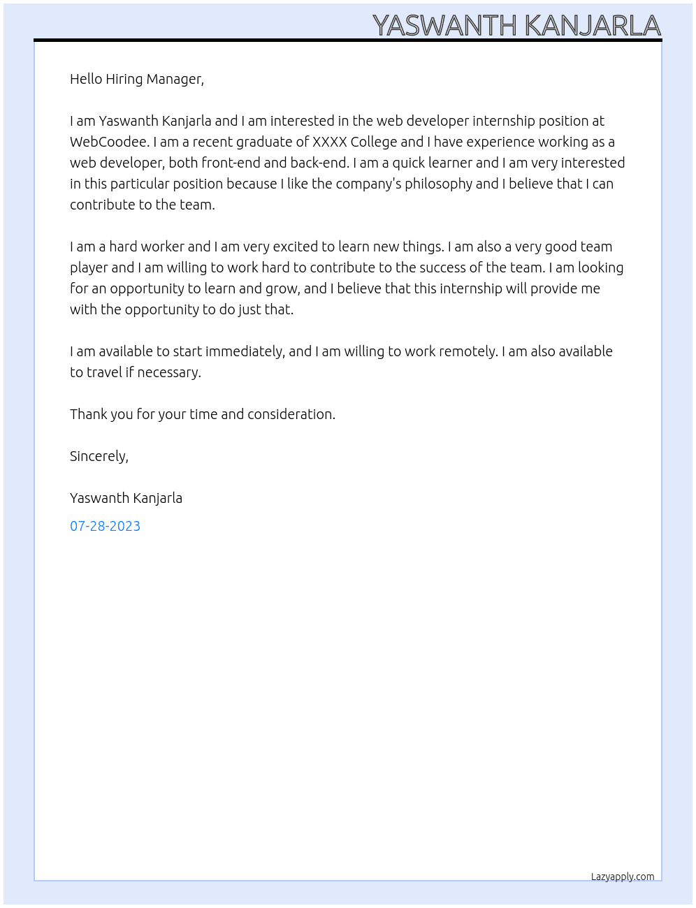 Web Developer At WebCoodee Cover Letter