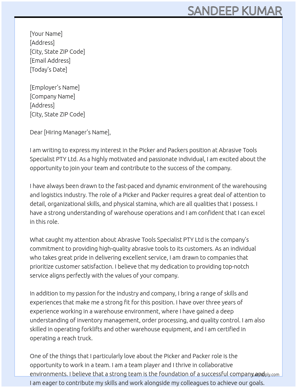 Picker and packers At Abrasive Tools Specialist PTY Ltd  Cover Letter
