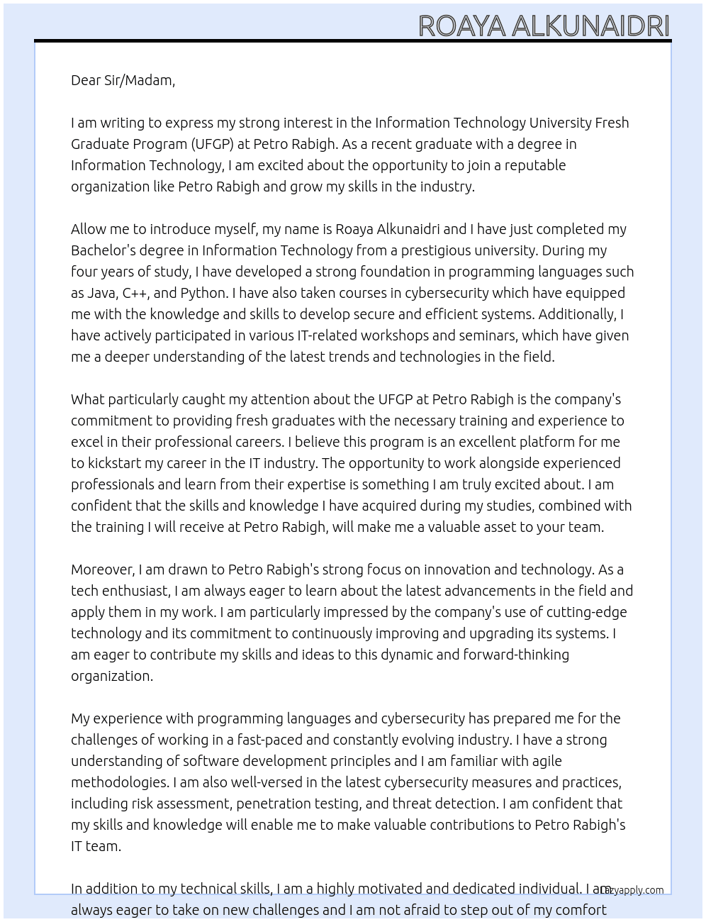 Information Technology University Fresh Graduate Program (UFGP)  At Petro Rabigh Cover Letter
