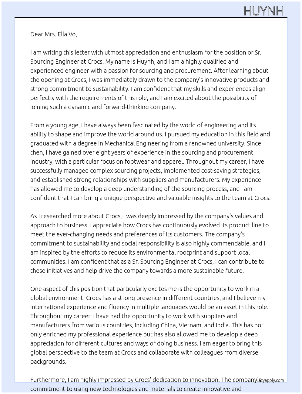Sr. Sourcing Engineer At crocs Cover Letter