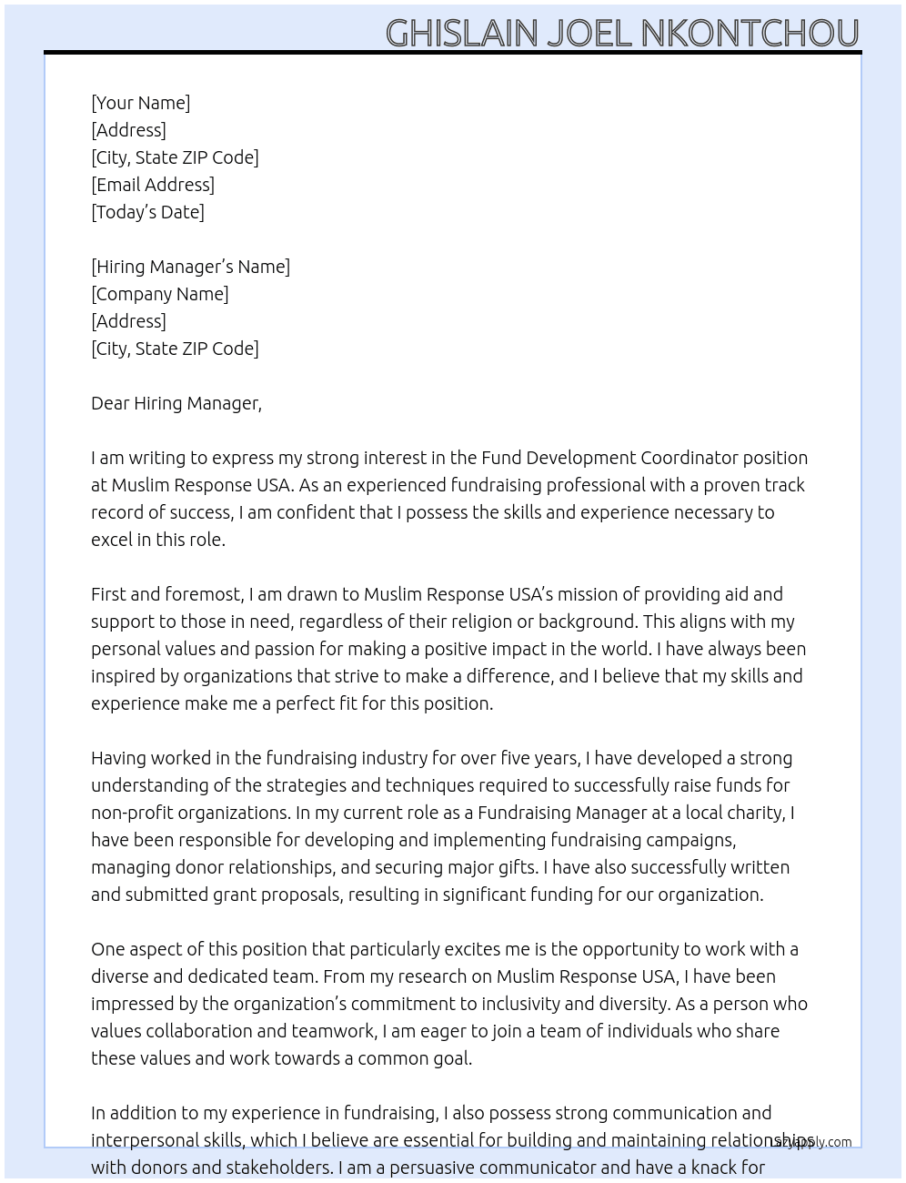 Cover letter for fund development coordinator - LazyApply