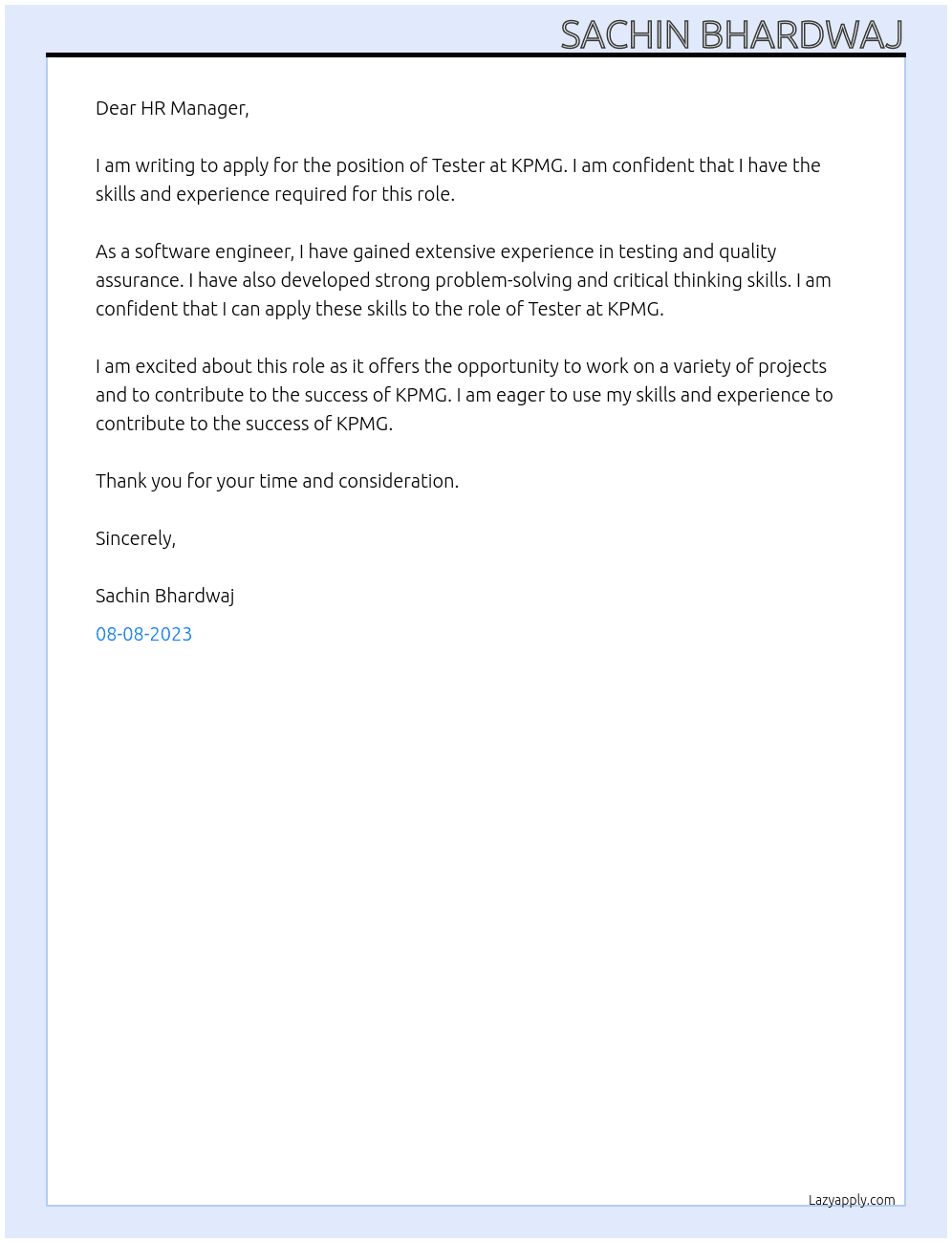 tester At kpmg Cover Letter
