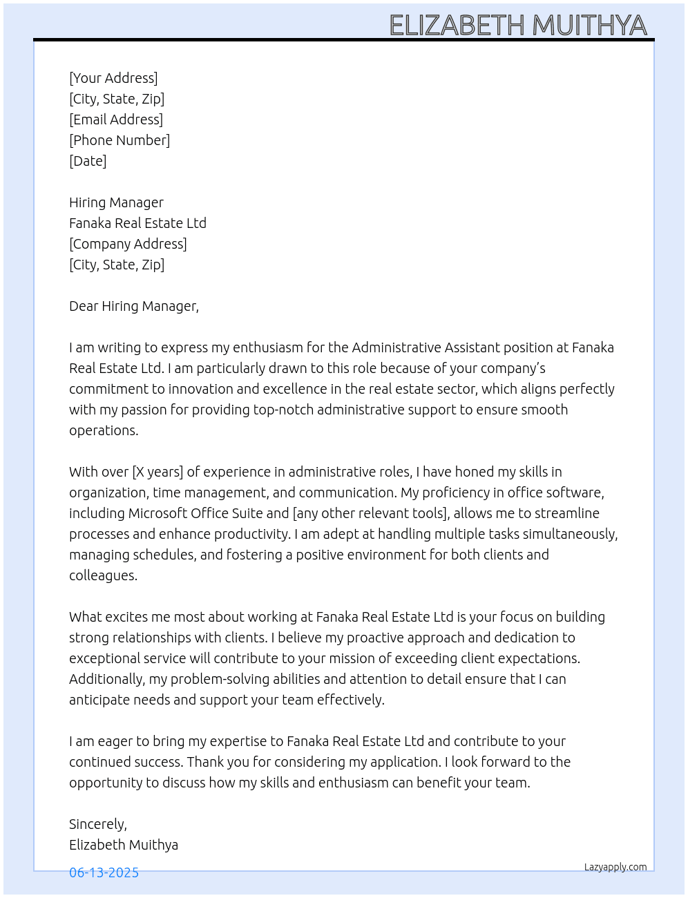 Administrative Assistant  At Fanaka Real Estate Ltd Cover Letter