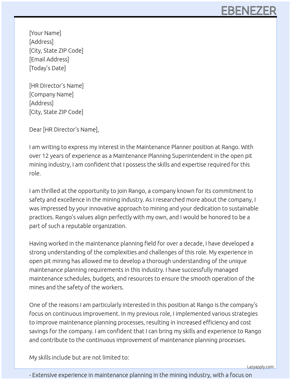 Maintenance Planner At Rango Cover Letter