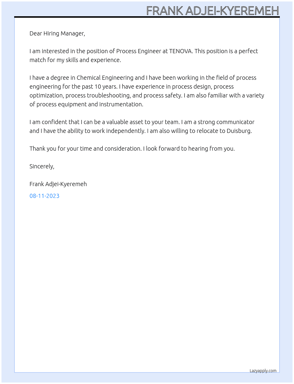 Process Engineer At TENOVA Cover Letter
