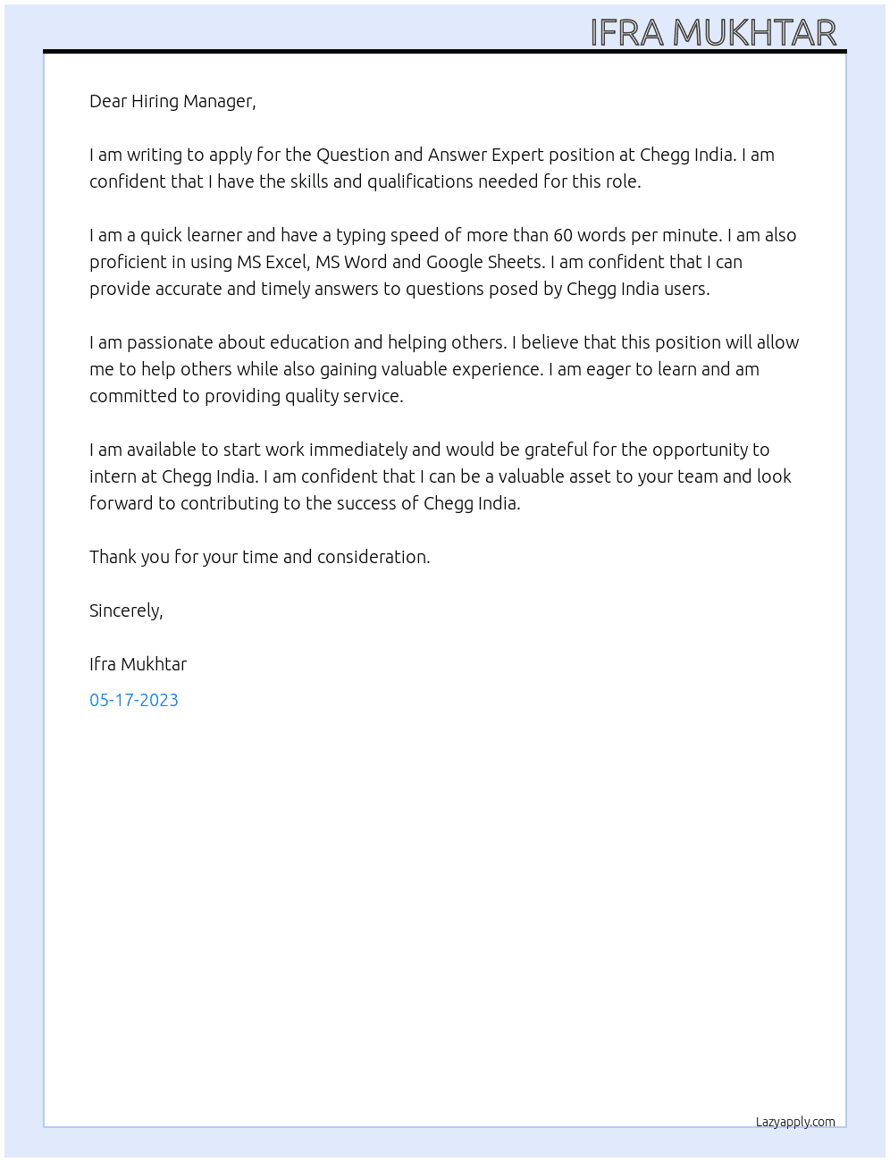 Question and Answer Expert  At CHEGG INDIA Cover Letter