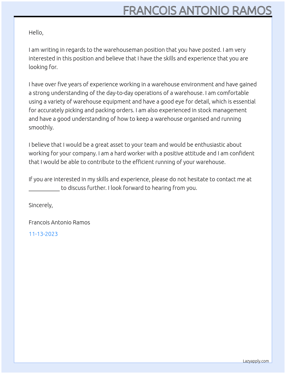 warehouseman At fmcg Cover Letter