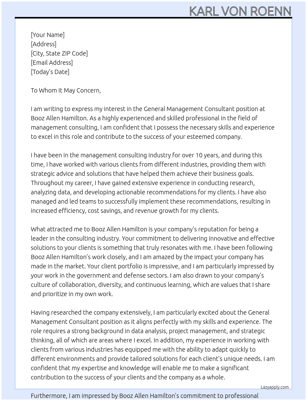 General Management Consultant At Booz Allen Hamilton Cover Letter