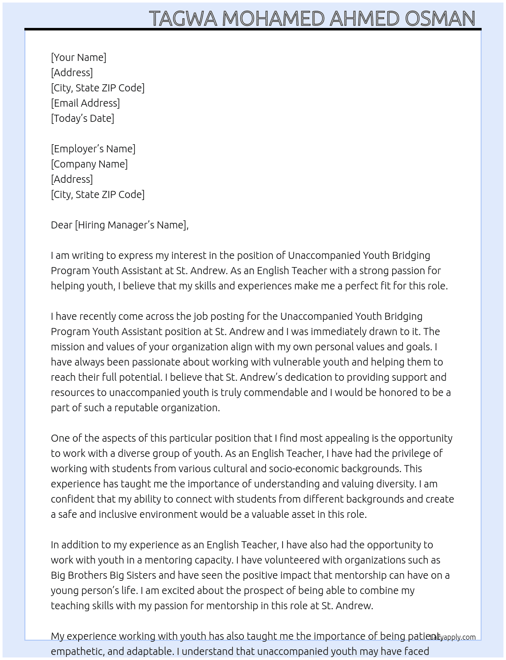“Unaccompanied Youth Bridging Program Youth Assistant At St. Andrew  Cover Letter