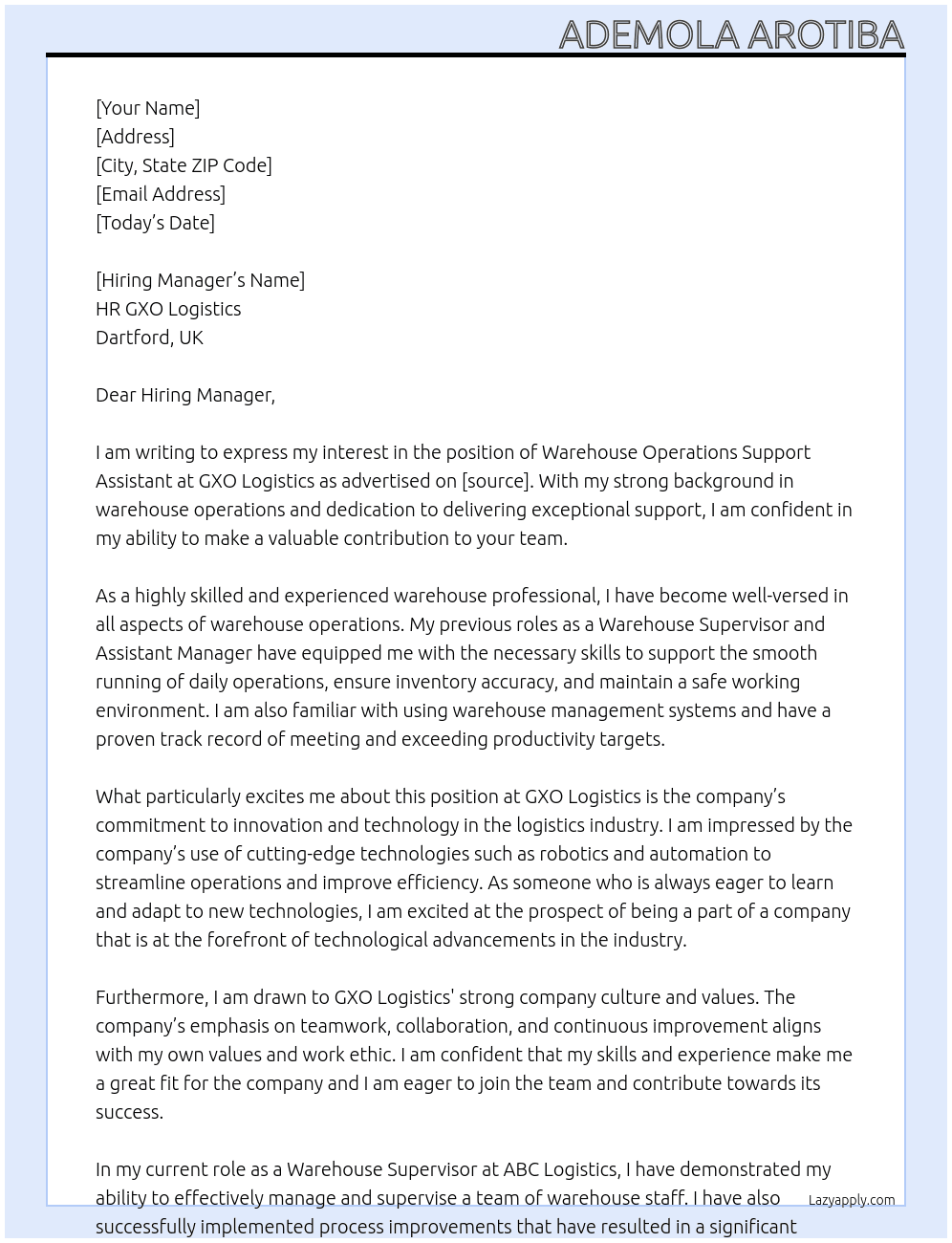 Warehouse Operations Support Assistant At GXO logistics Cover Letter