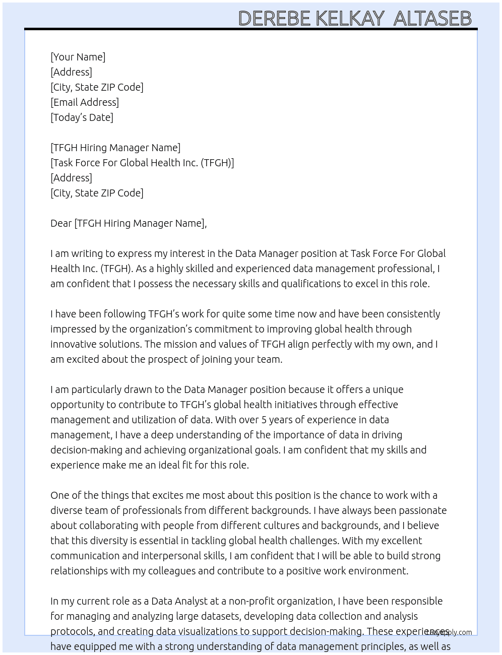 Data Manager At Task Force For Global Health Inc. (TFGH) Cover Letter