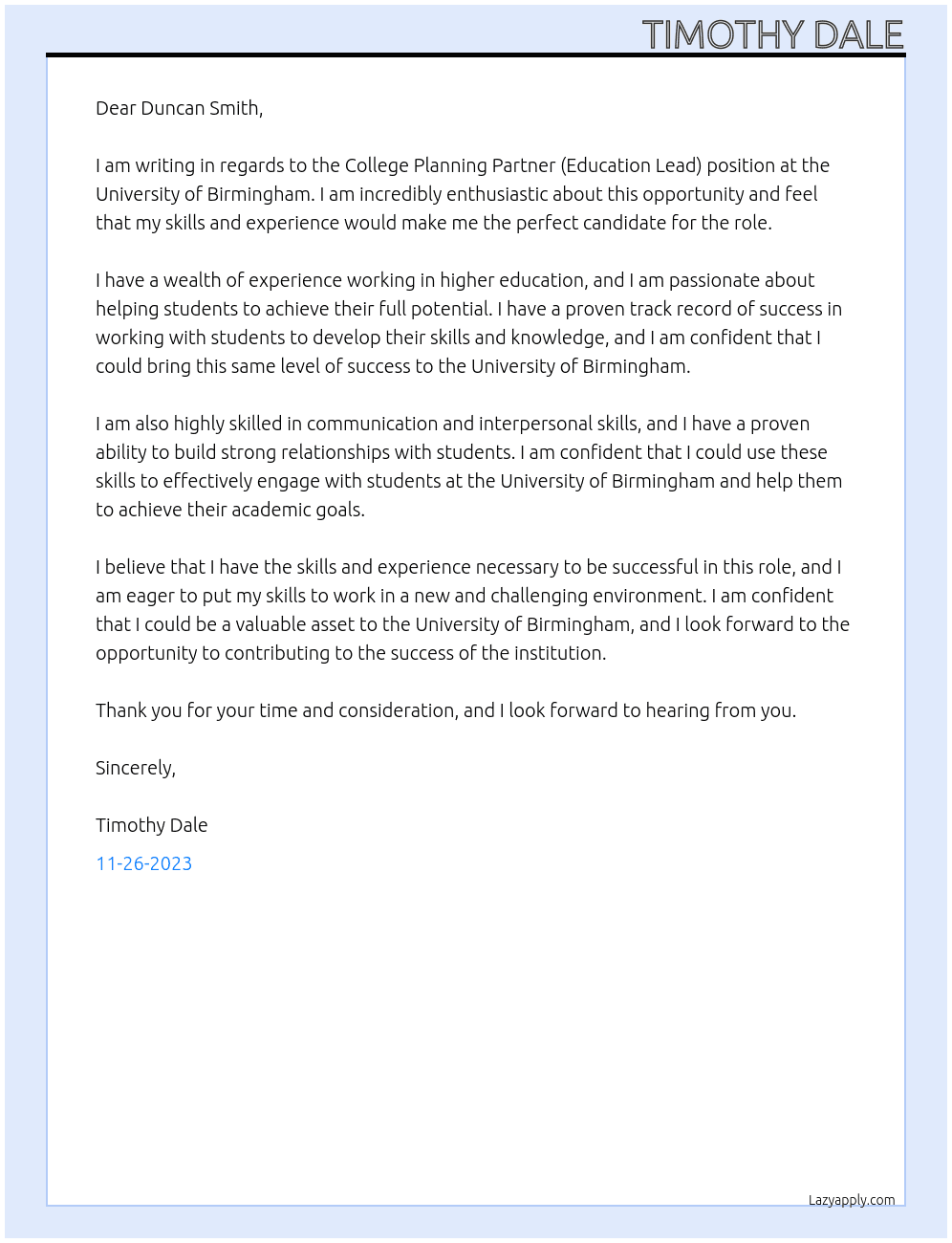 College Planning Partner (Education Lead) At University of Birmingham Cover Letter