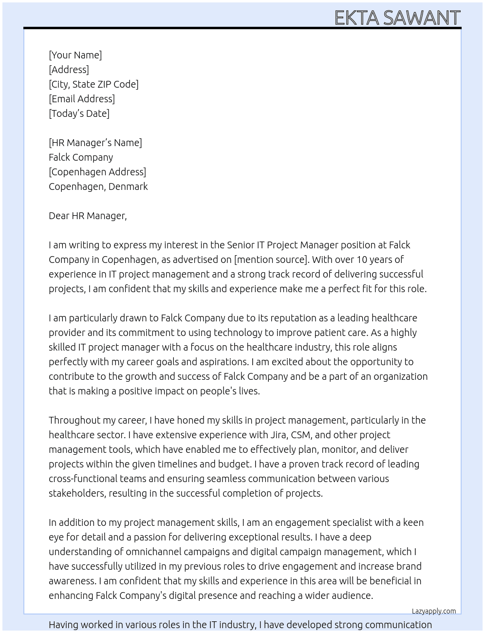 Senior IT Project Manager At Falck Company in Copenhagen Cover Letter