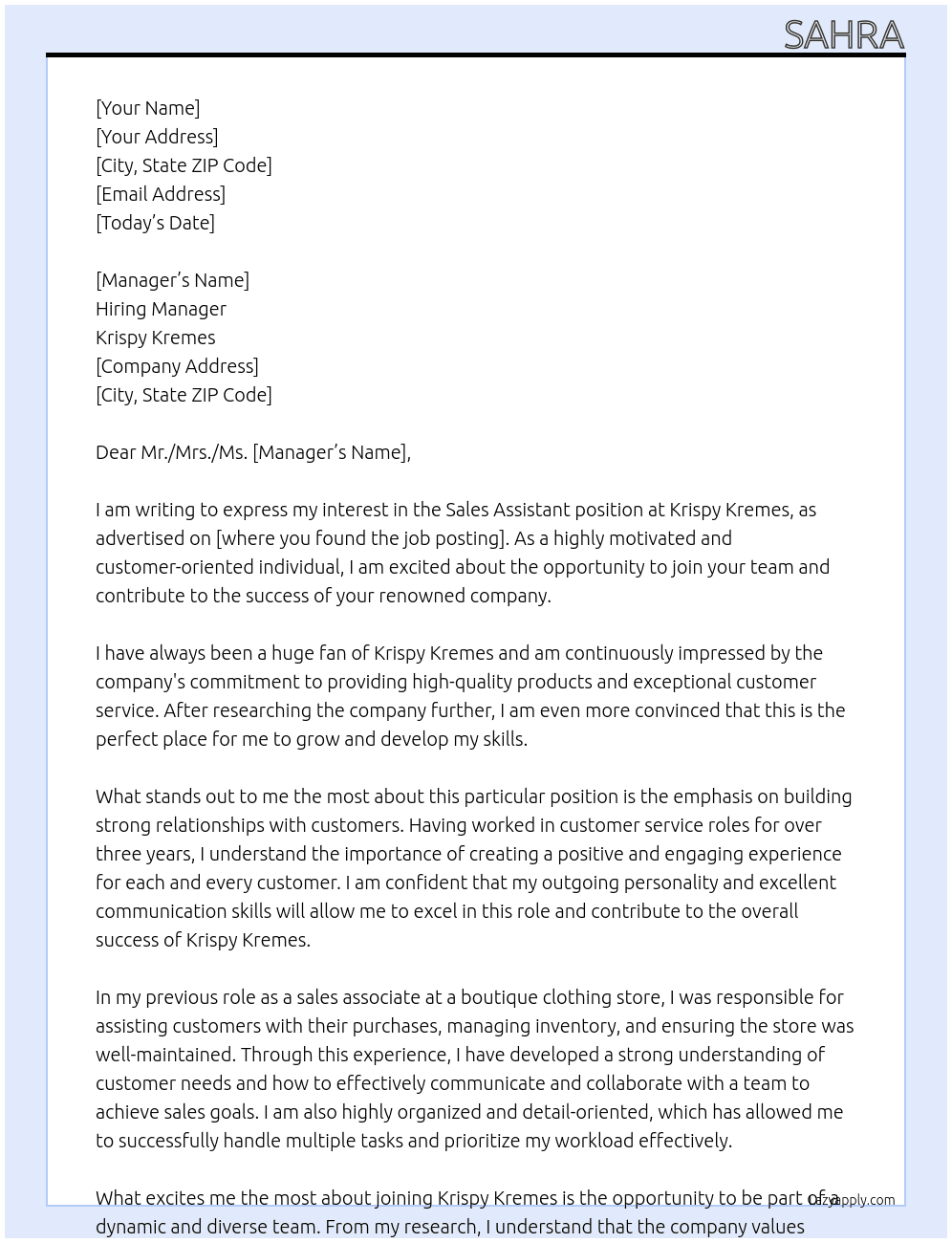 Sales assistant  At Krispy kremes Cover Letter