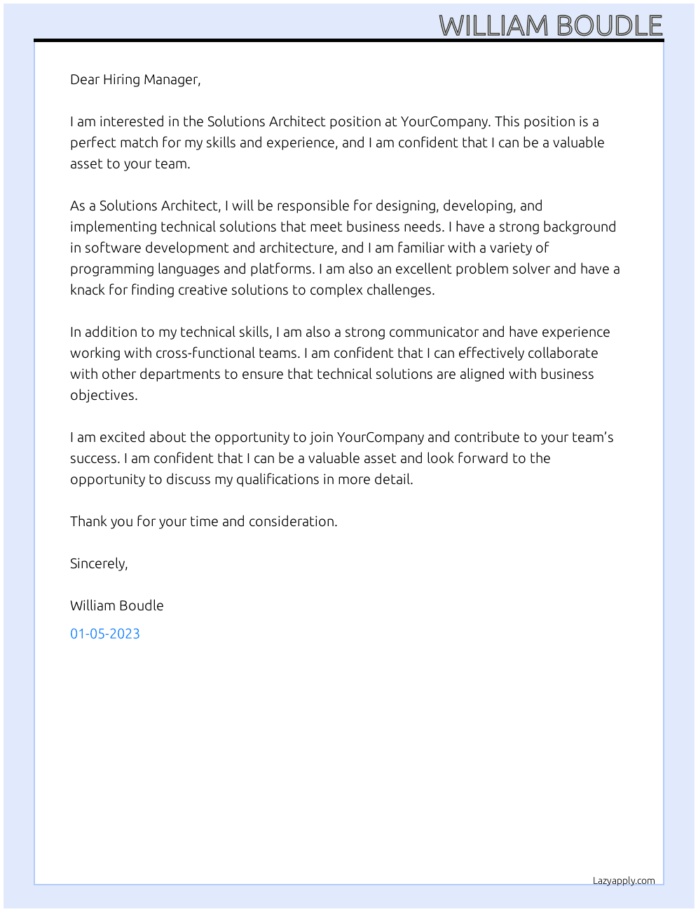 Solutions Architect At YourCompany Cover Letter