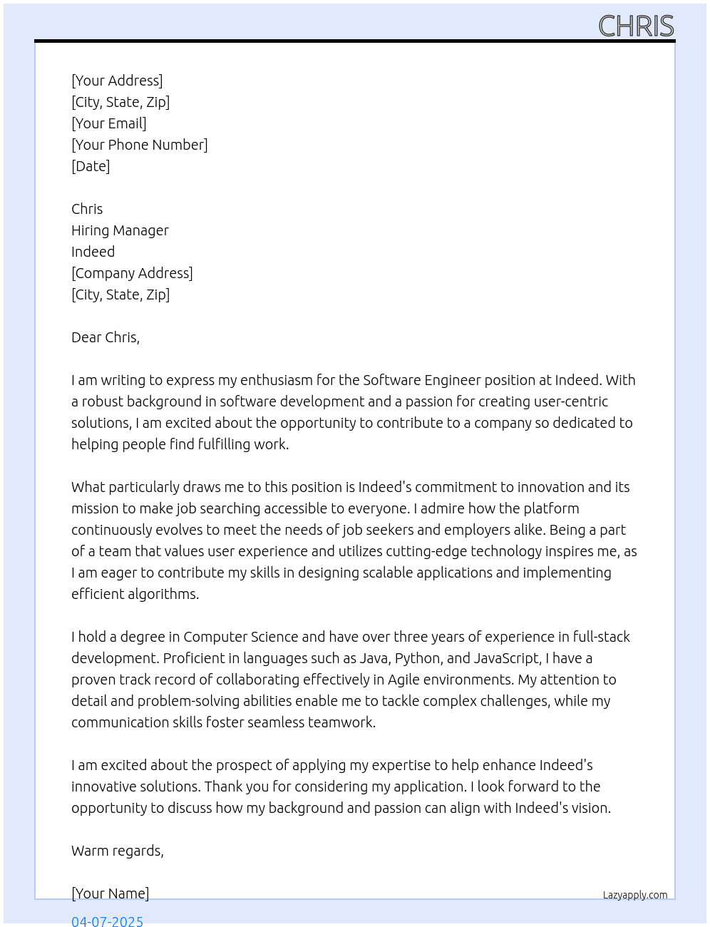 software engineer At indeed Cover Letter
