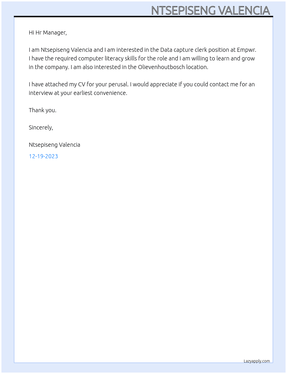 Data capture clerk  At Empwr Cover Letter