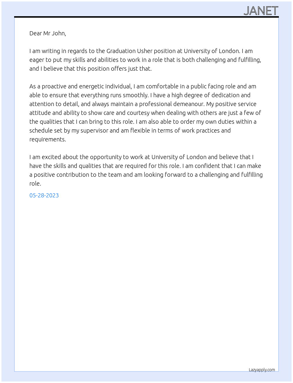 Graduation Usher At University of London Cover Letter
