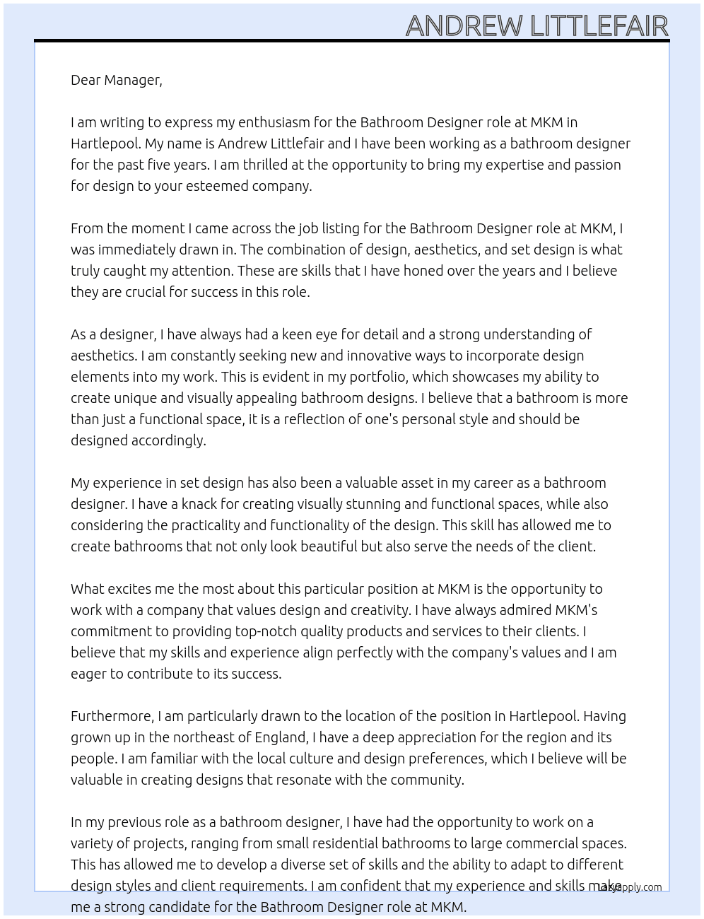 bathroom desiner At MKM Cover Letter