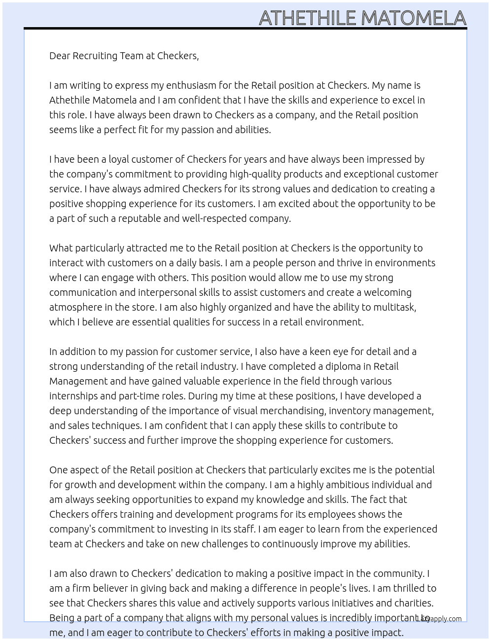 Retail  At Checkers Cover Letter