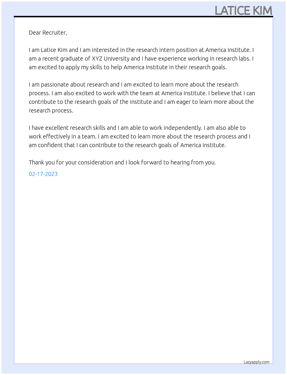 Research Intern At America Institute Cover Letter