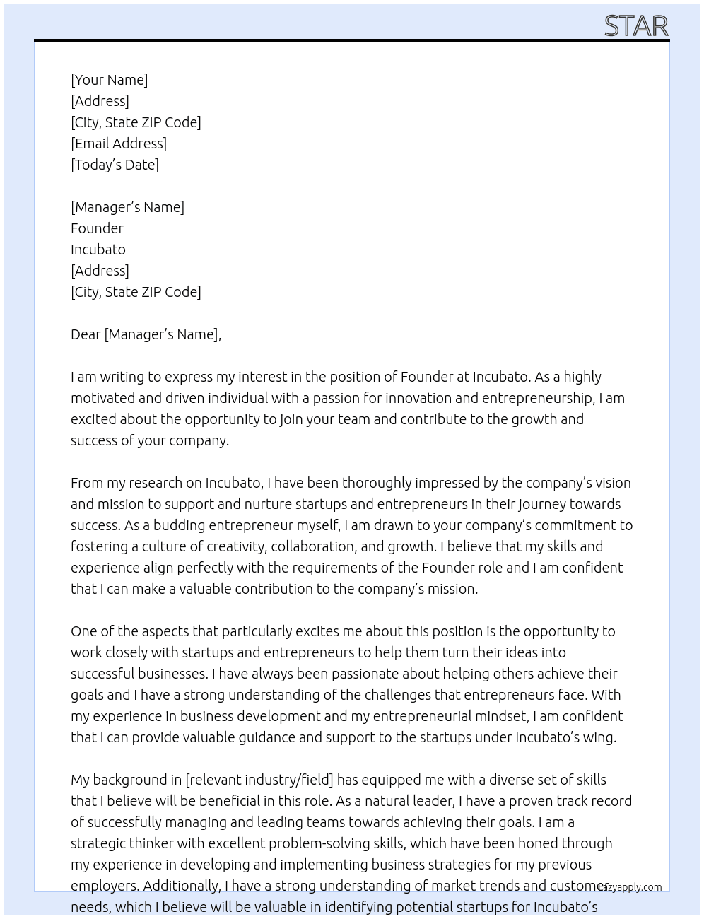 Founder At Incubato Cover Letter