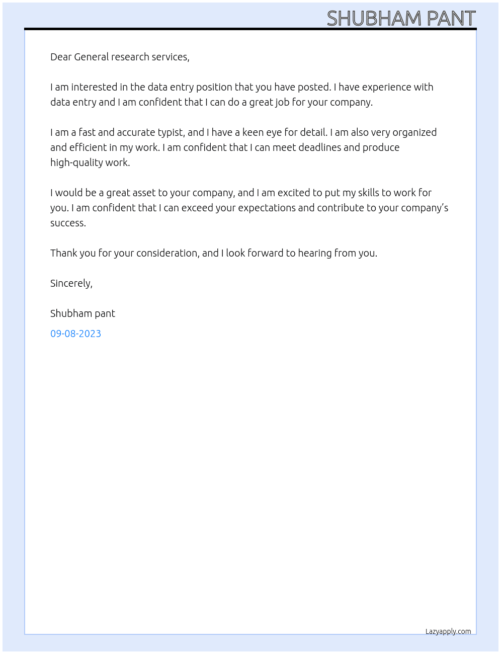 Data entry At Freelanceing Cover Letter