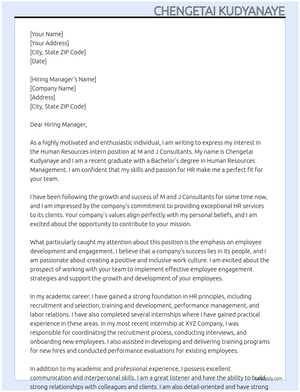 Human Resources intern  At M and J Consultants Cover Letter