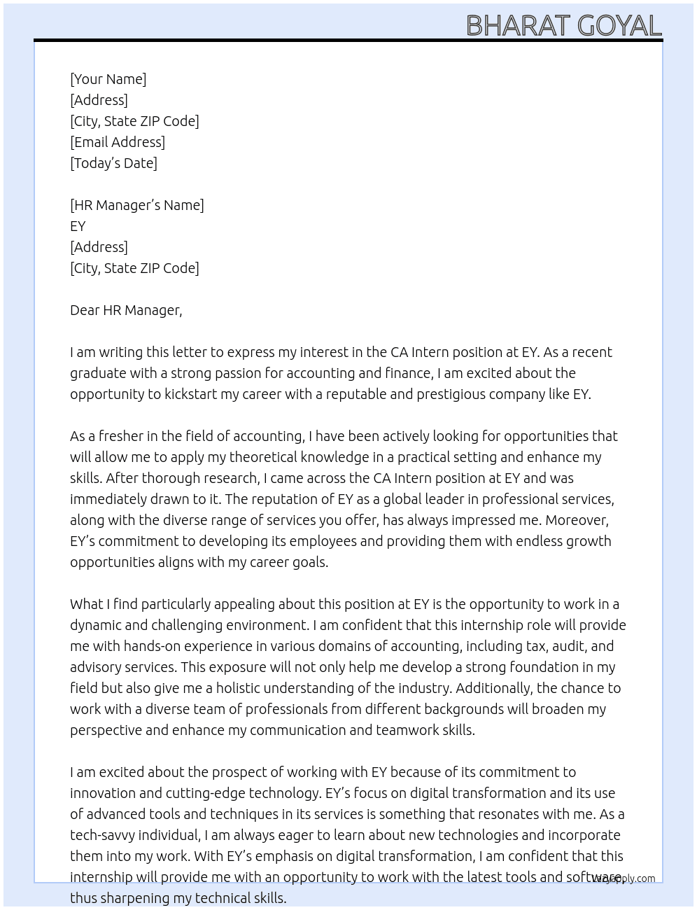 CA Intern At EY Cover Letter