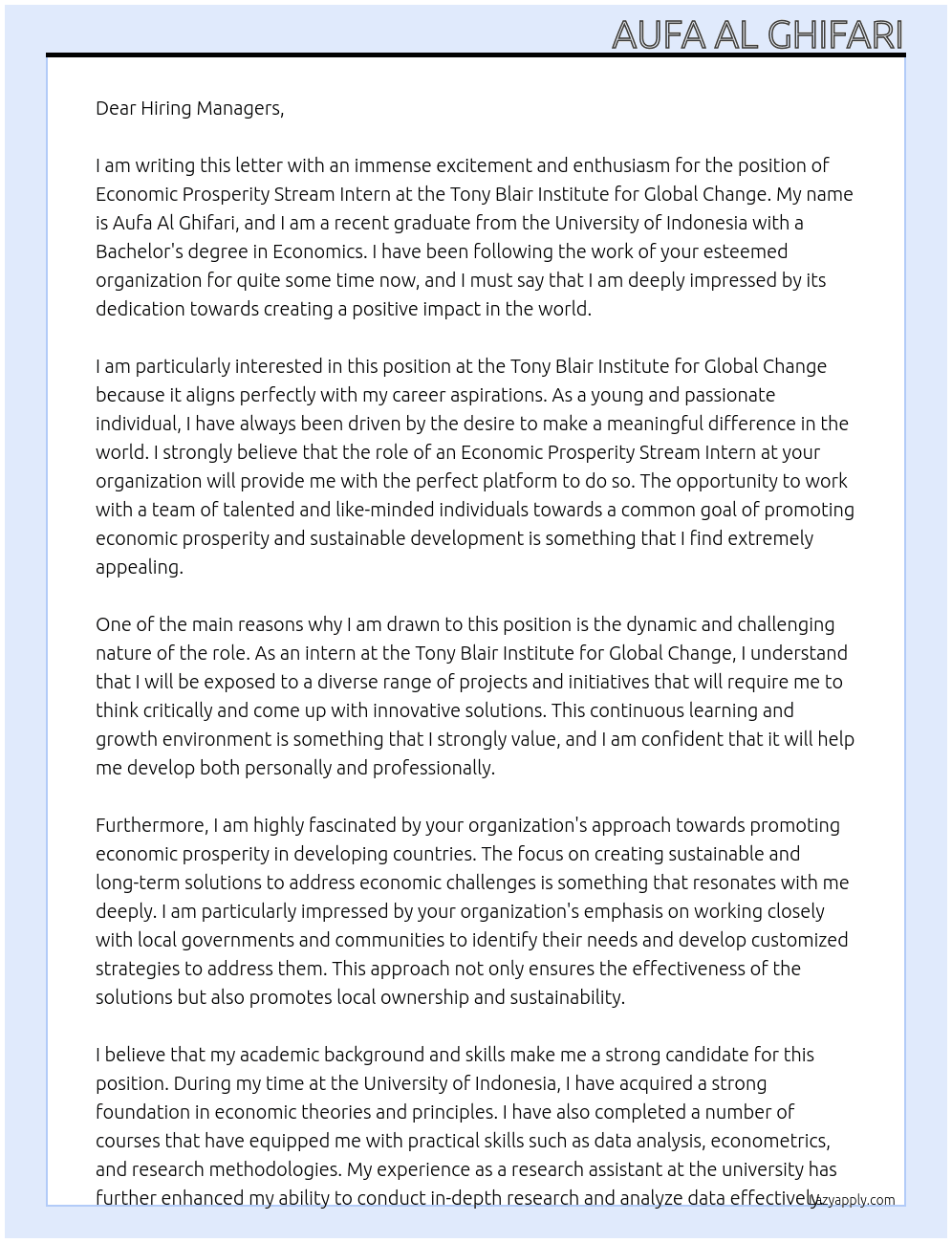 Economic Prosperity Stream Intern At Tony Blair Institute for Global Change Cover Letter