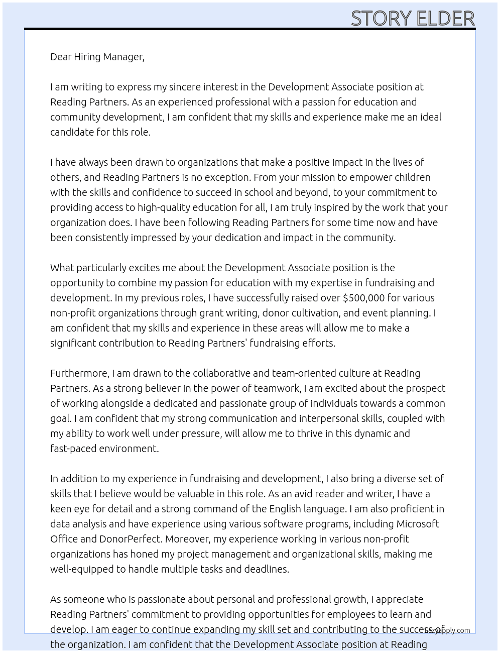 Development Associate At Reading Partners Cover Letter
