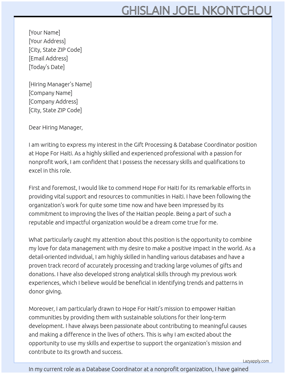 Gift Processing & Database Coordinator At Hope For Haiti Cover Letter