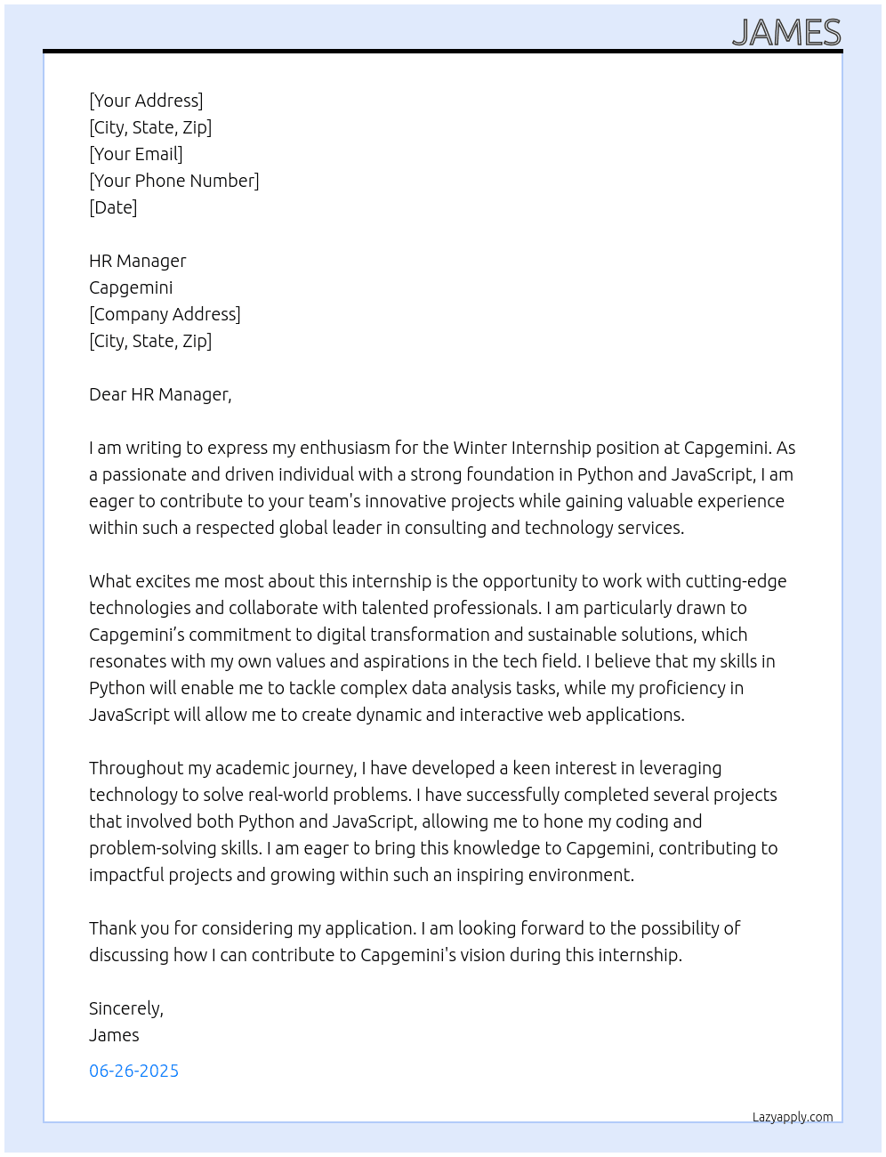 Cover letter for capgemini winter internship - LazyApply