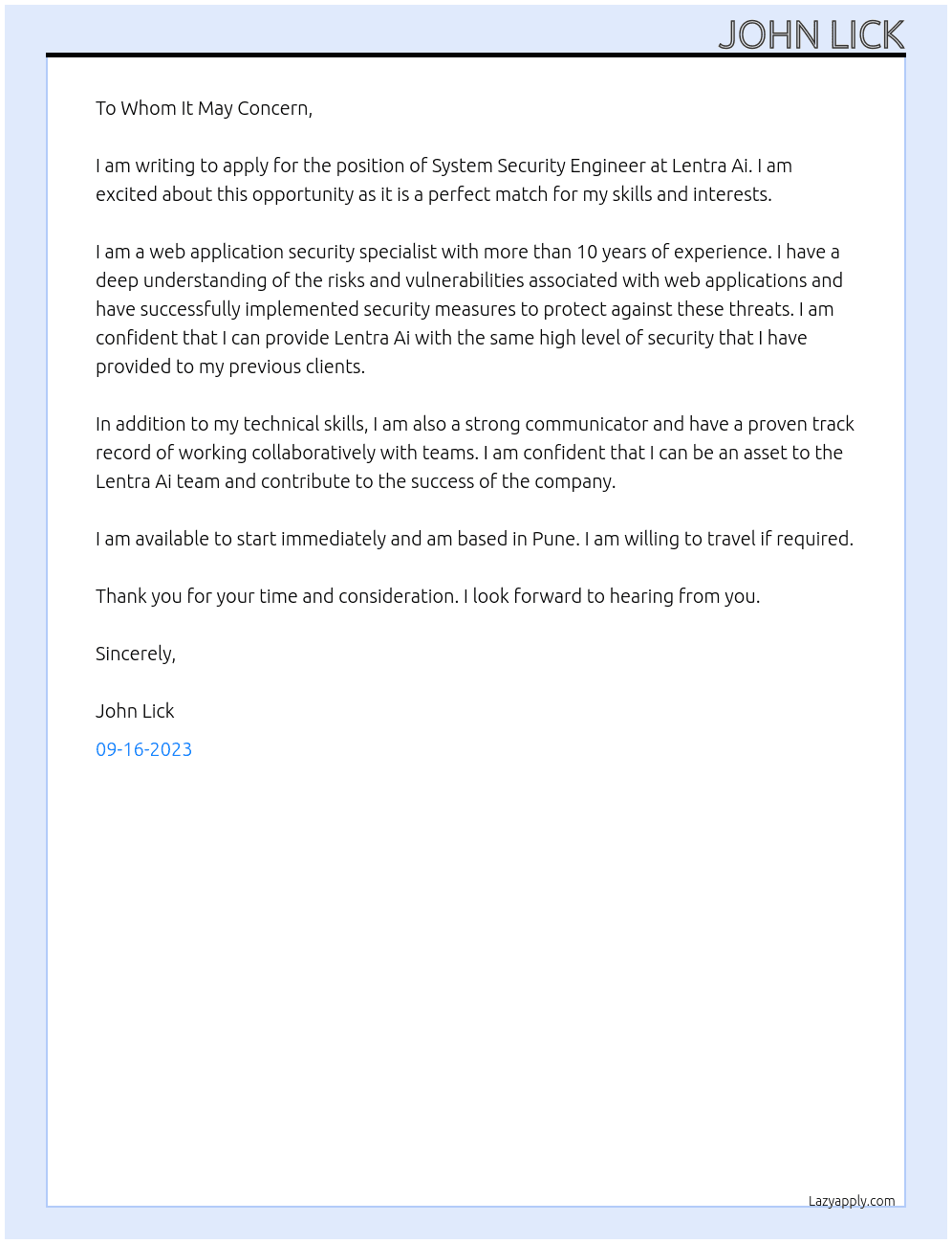 System security engineering At Lentra Ai Cover Letter