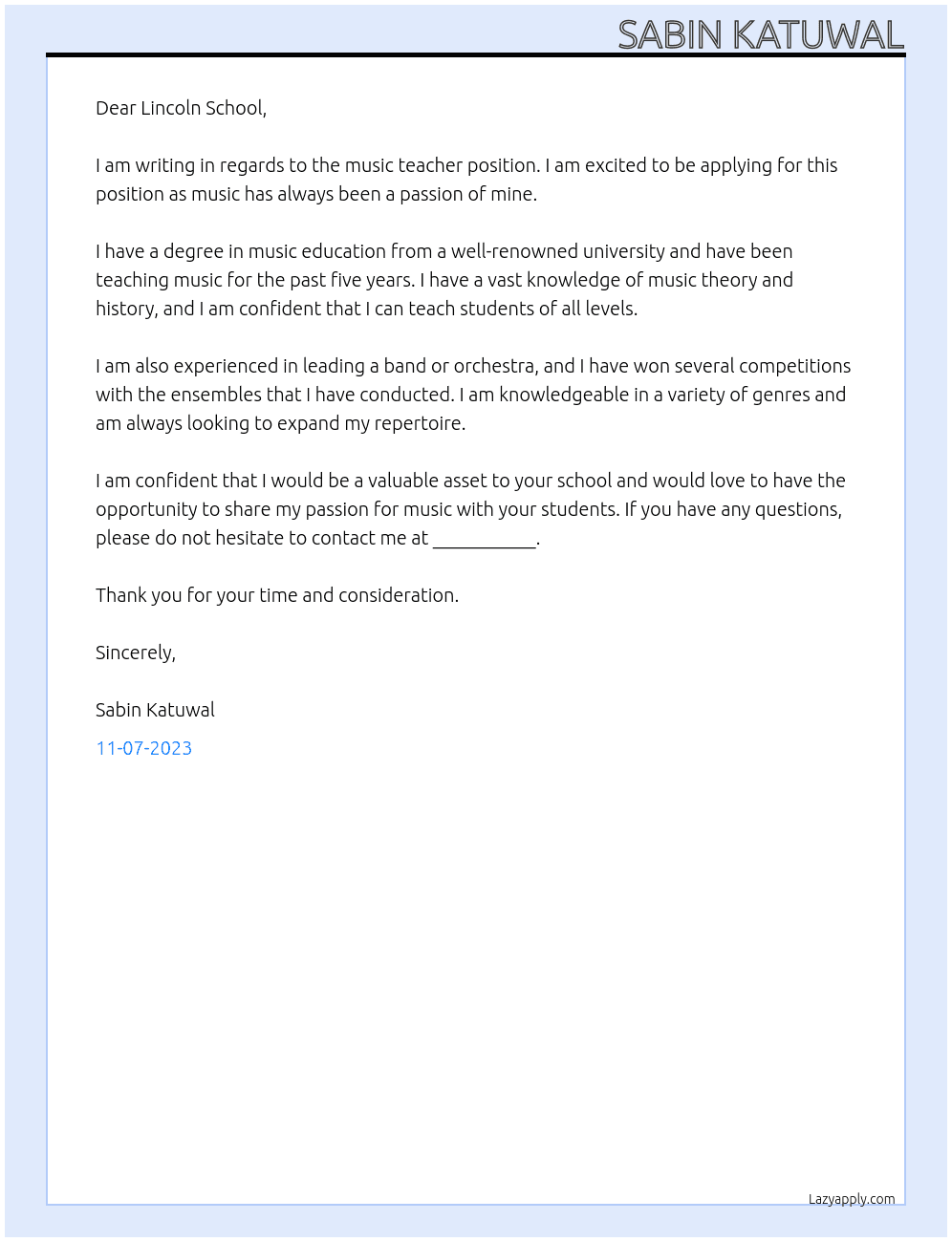 Music teacher At Lincoln School Cover Letter