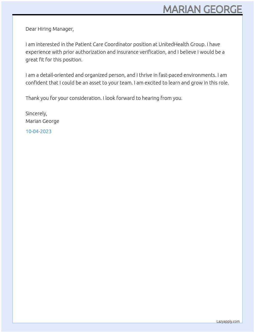 Patient Care Coordinator  At UnitedHealth Group Cover Letter