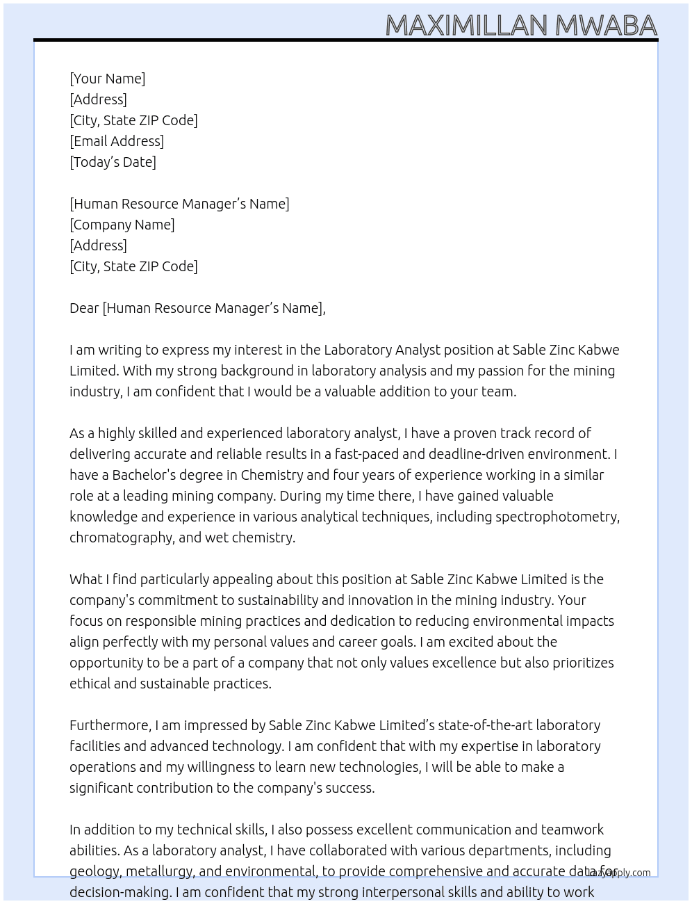Laboratory Analyst  At Sable Zinc kabwe Limited  Cover Letter