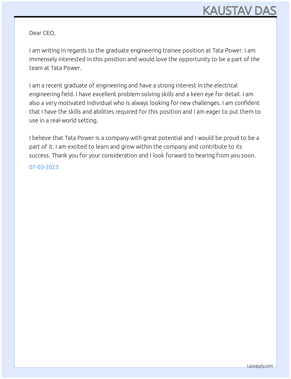 Graduate engineering trainee At Tata Power Cover Letter