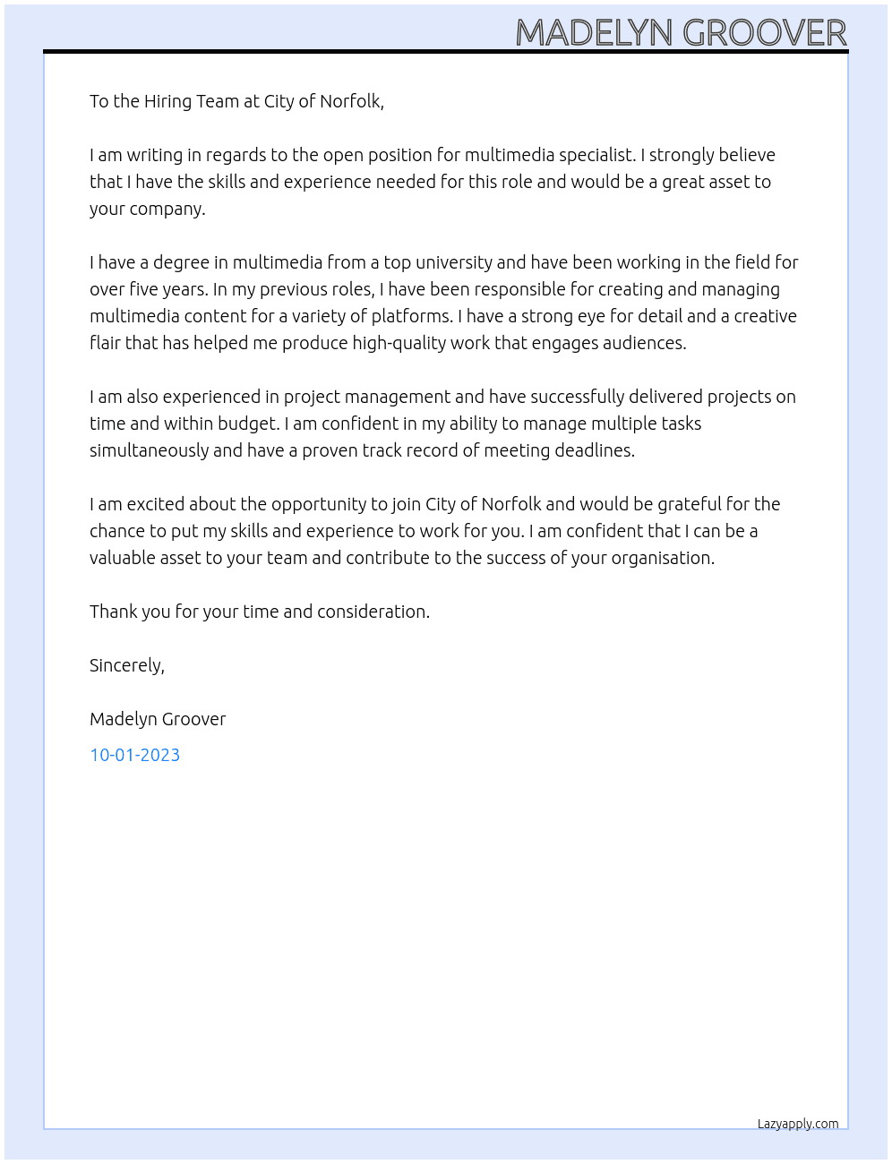 Multimedia specialist At City of Norfolk Cover Letter
