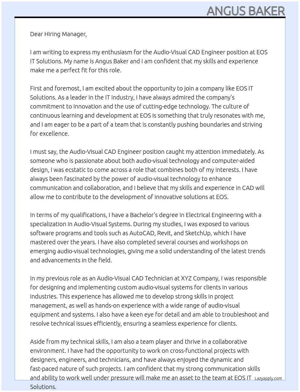 Audio-Visual CAD Engineer At EOS IT Solutions Cover Letter