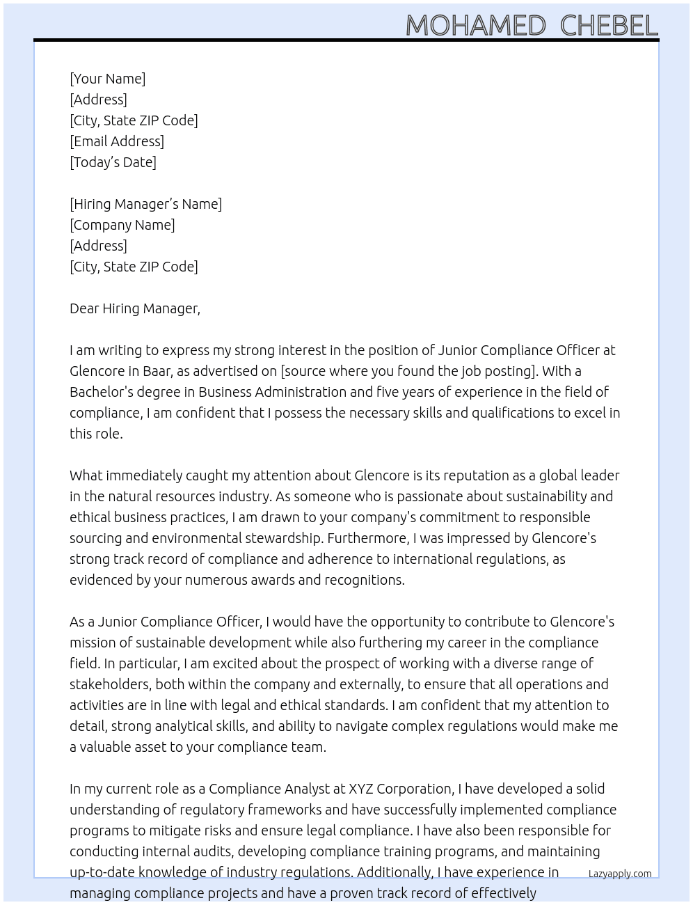 Junior compliance officer  At Glencore Cover Letter