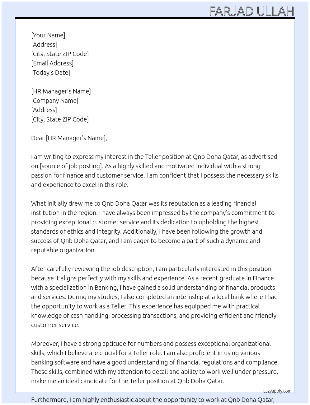 Teller At Qnb Doha qatar Cover Letter