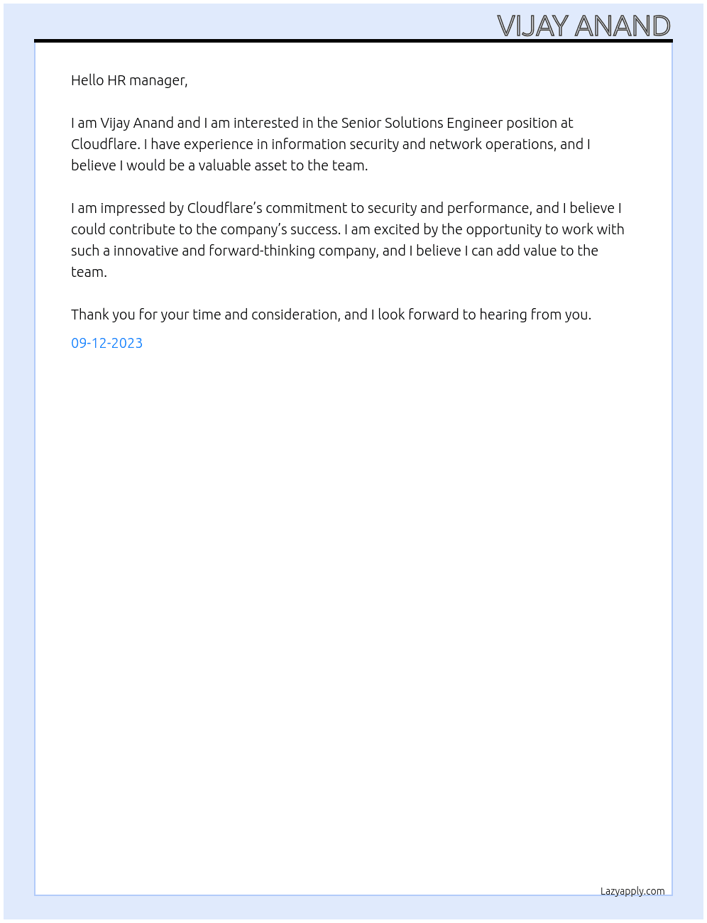 Senior Solutions Engineer At Cloudflare Cover Letter
