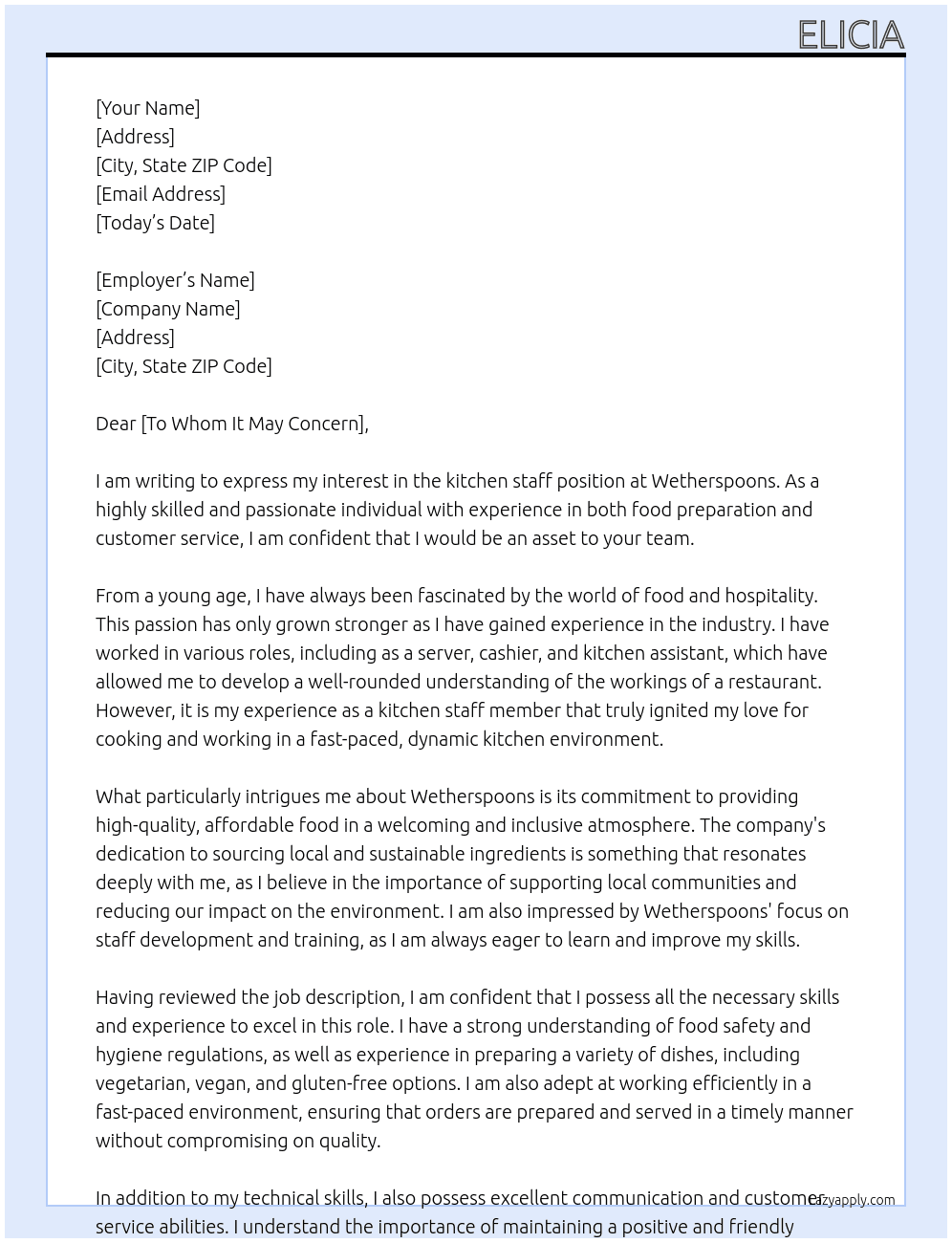 kitchen staff At wetherspoons Cover Letter