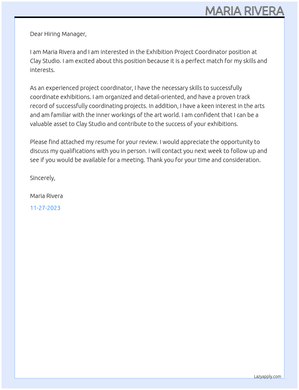 EXHIBITION PROJECT COORDINATOR At Clay Studio Cover Letter